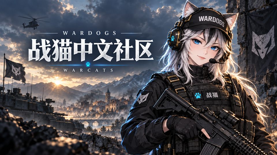战猫中文社区宣传图：WARDOGS 字样、白发猫耳队员与背景战场